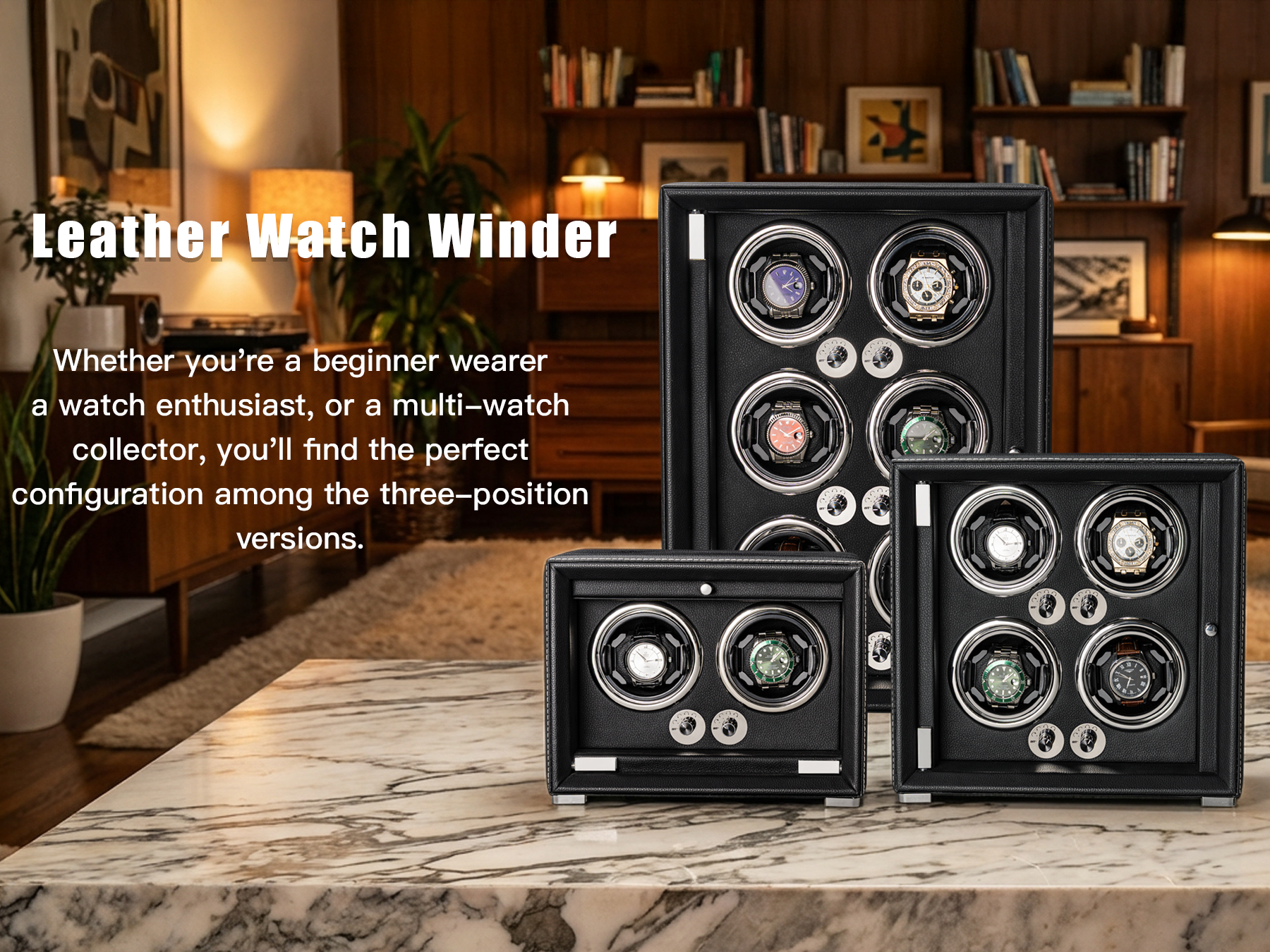 Watch Winder for 4 Automatic Watches, high-end Leather Making, Super Quiet Mabuchi Motor, Two Power Modes, Built-in led Lights