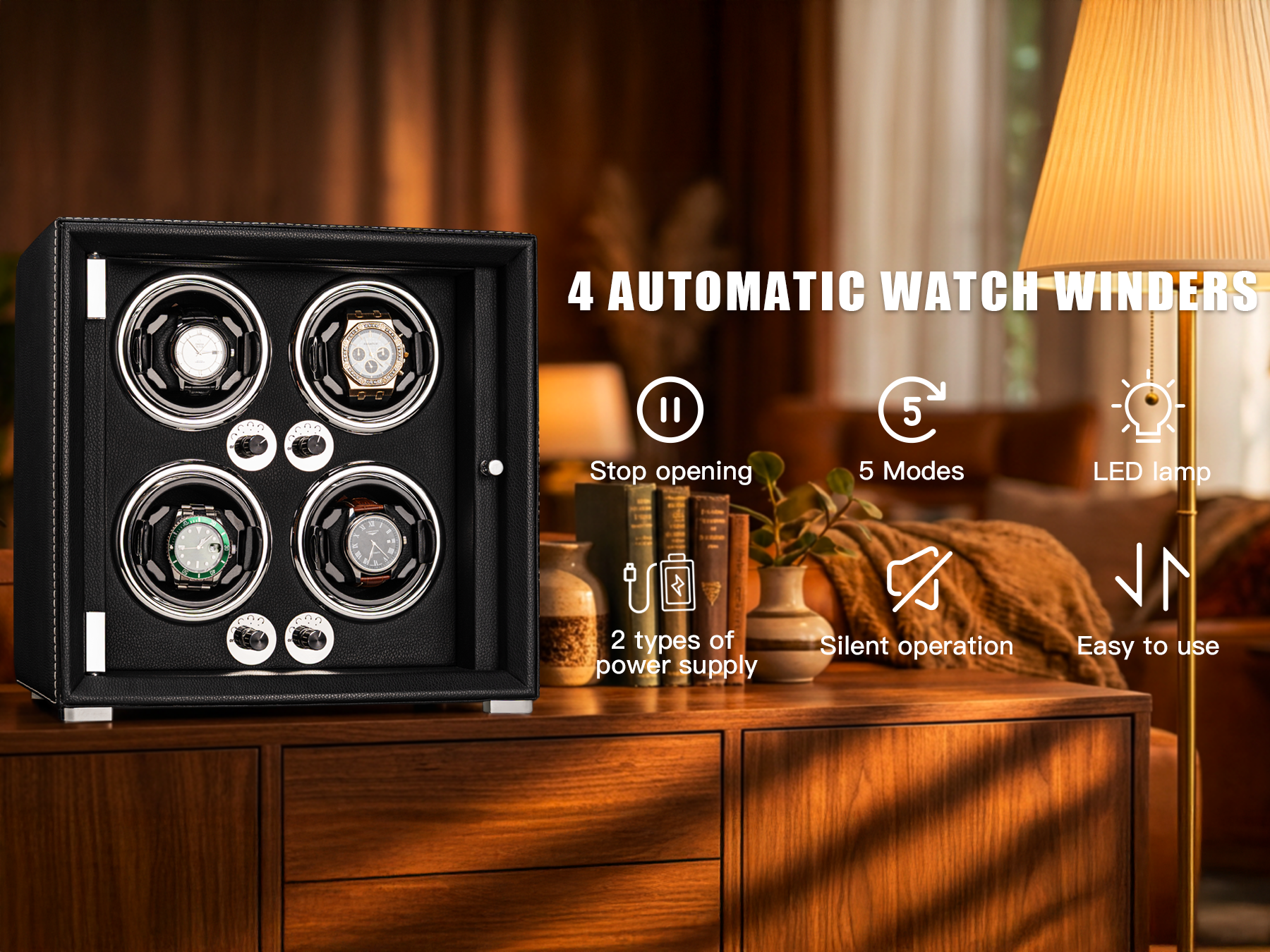 Watch Winder for 4 Automatic Watches, high-end Leather Making, Super Quiet Mabuchi Motor, Two Power Modes, Built-in led Lights