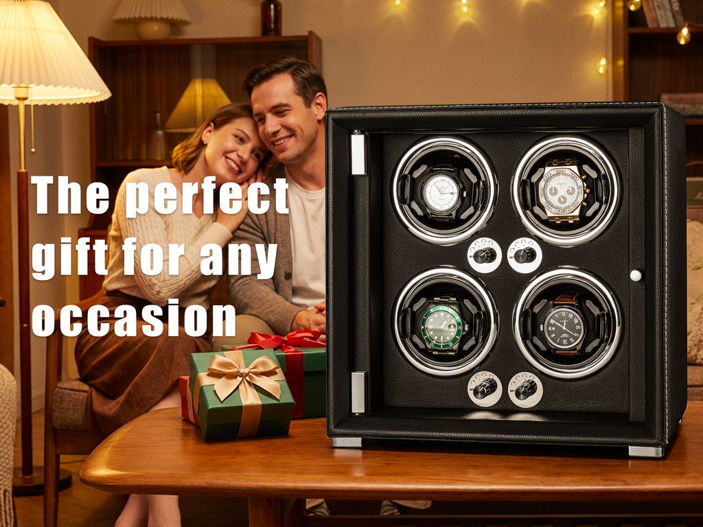 Watch Winder for 4 Automatic Watches, high-end Leather Making, Super Quiet Mabuchi Motor, Two Power Modes, Built-in led Lights