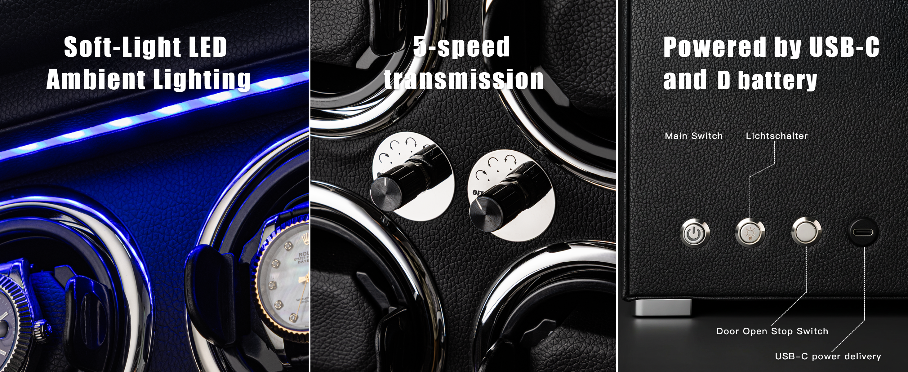 Watch Winder for 4 Automatic Watches, high-end Leather Making, Super Quiet Mabuchi Motor, Two Power Modes, Built-in led Lights