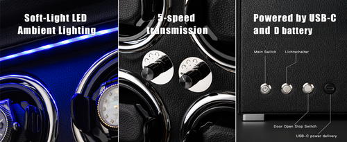 Watch Winder for 2 Automatic Watches, high-end Leather Making, Super Quiet Mabuchi Motor, Two Power Modes, Built-in led Lights