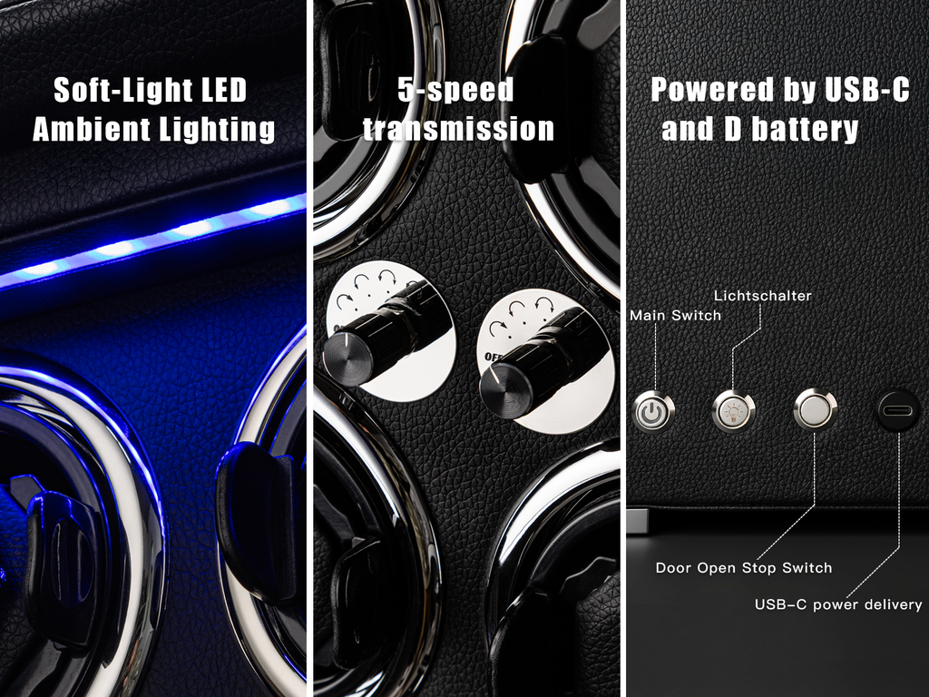 Watch Winder for 4 Automatic Watches, high-end Leather Making, Super Quiet Mabuchi Motor, Two Power Modes, Built-in led Lights