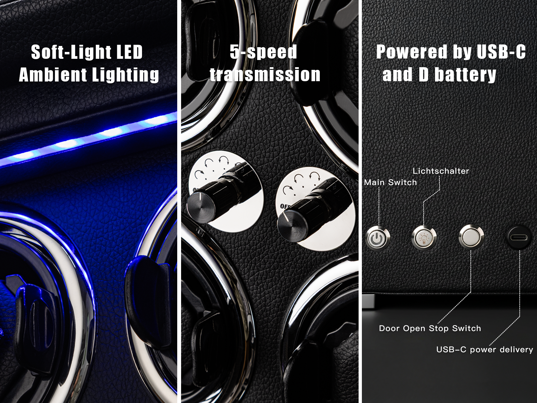 Watch Winder for 4 Automatic Watches, high-end Leather Making, Super Quiet Mabuchi Motor, Two Power Modes, Built-in led Lights