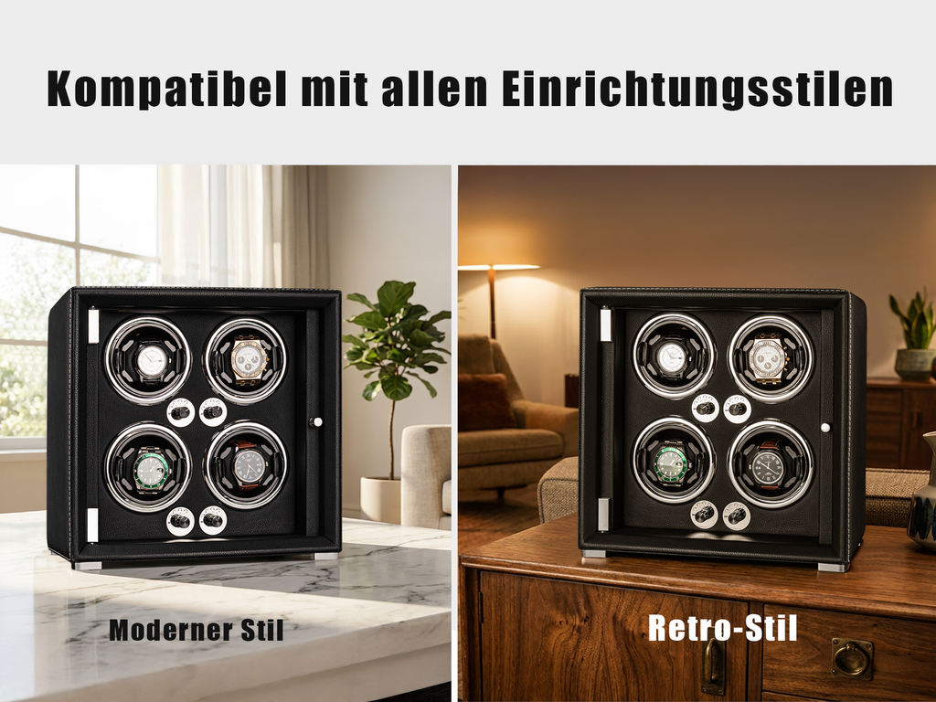 Watch Winder for 4 Automatic Watches, high-end Leather Making, Super Quiet Mabuchi Motor, Two Power Modes, Built-in led Lights